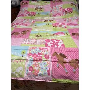 Kids Horse Patchwork Comforter Reversible Pink Polka Dot Equestrian Bedding